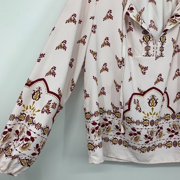 Bobeau Top Floral Print Peasant Pink Tie V Neck Long Sleeve Boho - Picture 8 of 12